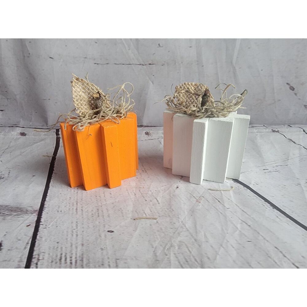 Rustic Wooden Handpaint Handmade Orange White Pumpkins Set Of 2 Fall Halloween